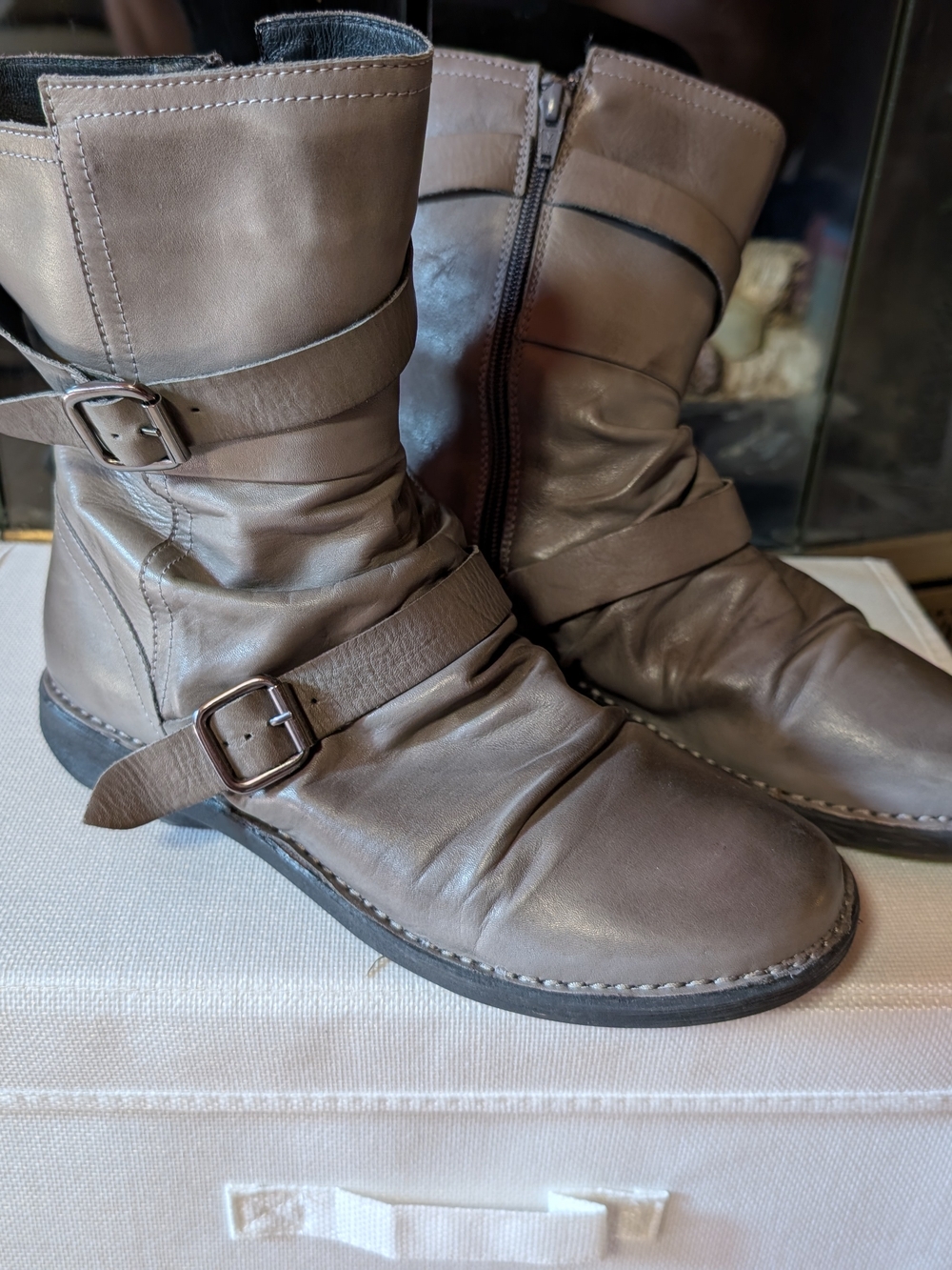 Leather Buckle Mid-Calf Boots in Taupe